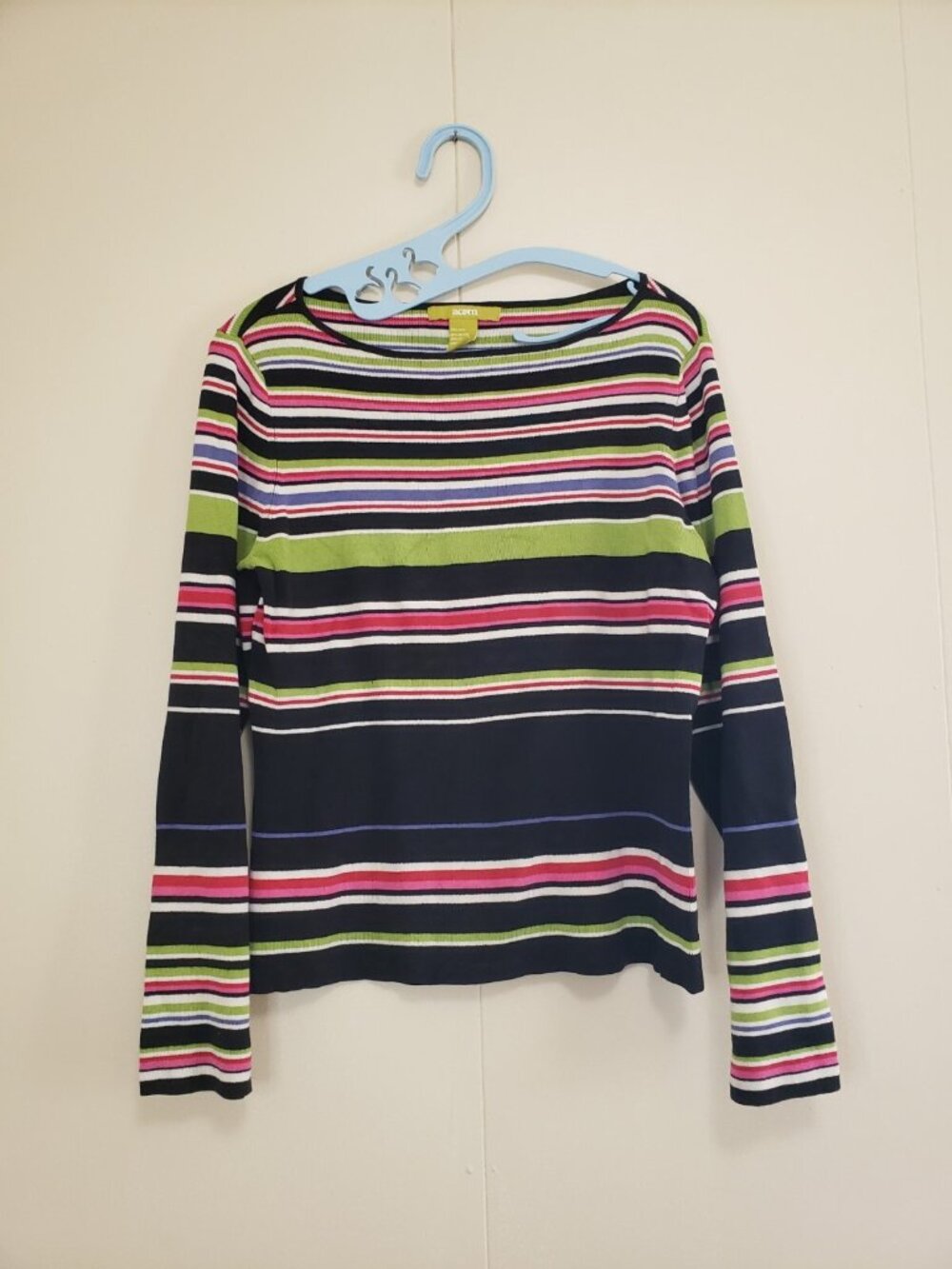 Vtg Acorn Womens L Silk Blend Sweater Bold Colorful Stripe Casual Pullover